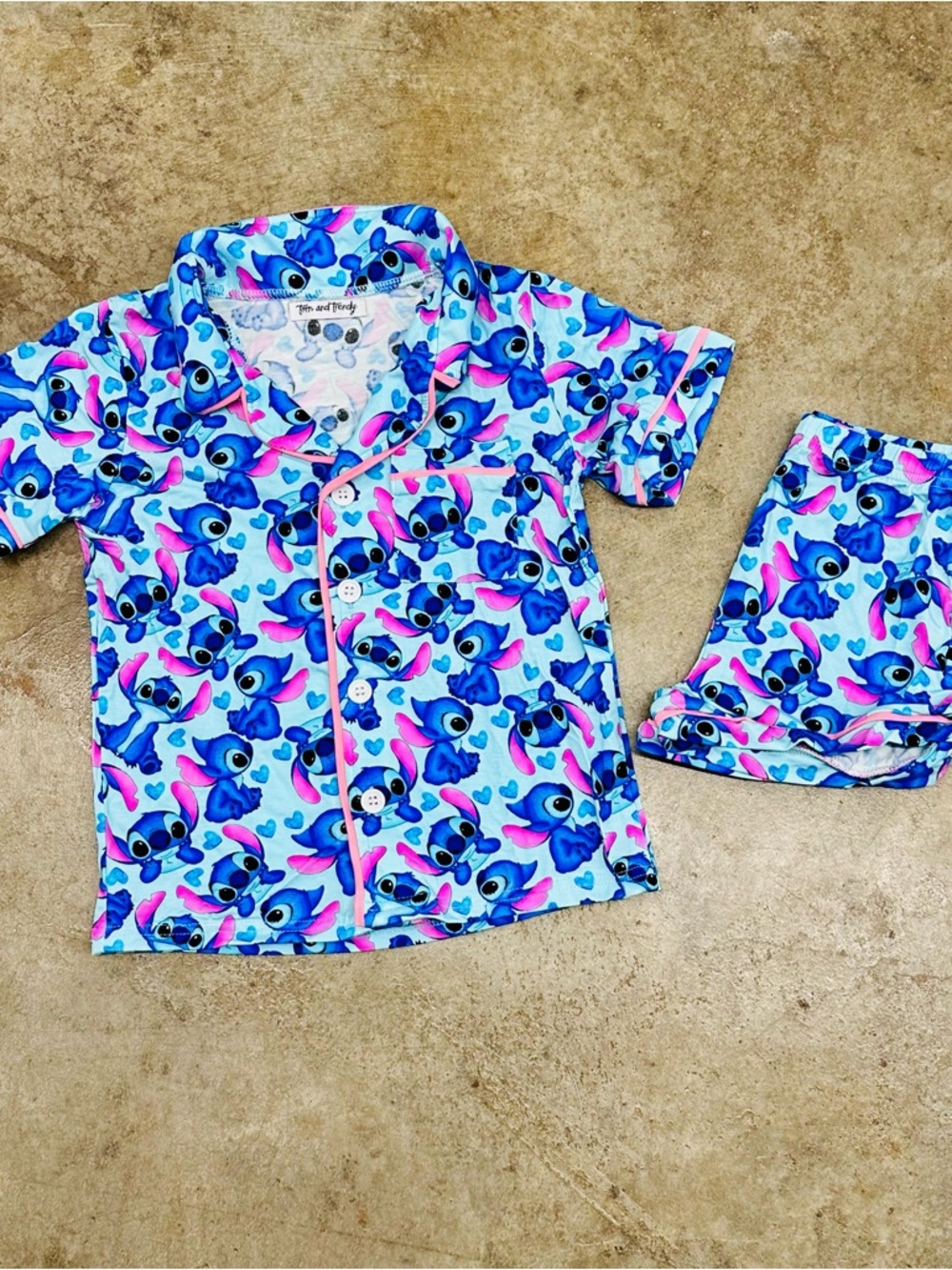 Kids Blue Stitch Print Pajama Set - Bamboo